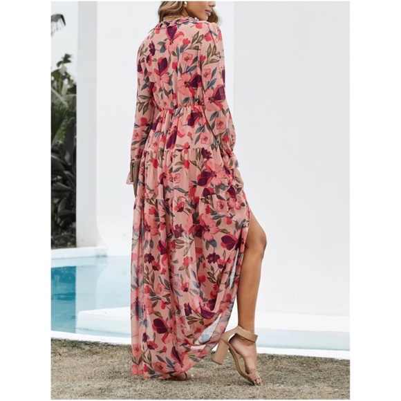 Boho Floral Print V neck Tiered Maxi Dress - Picture 2 of 4